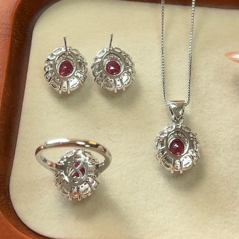 Set Bijuterii Huamei Colier Corindon Roșu Culoare Zirconiu Comoară Ac Argintiu S925 Inel cu Șurub Inel pentru Ureche Stil Femei pentru Banchet
