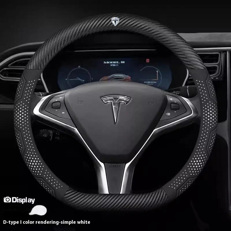 

Tesla Model 3 Y S Model X Roadster Car Carbon Fiber Suede Leather Anti-slip Breathable Car Steering Wheel Cover Auto Accessories