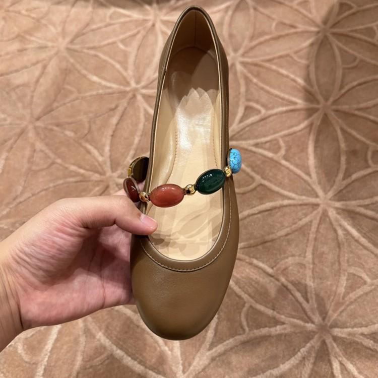 Spring and Autumn New Round Head One-word Color Bead Flat-bottomed Ballet Shoes Women's Genuine Leather Versatile Small Leather Shoes