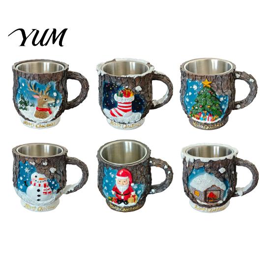 Christmas Mug Decorations Theme with Stainless Steel Liner, 3D Relief Hand Snowman Gift Mugs Painted Resin Coffee Cup, Decorative Drinkware