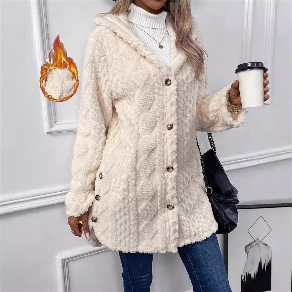 2026 Women's Solid Color Plush Hooded Sweatshirt with Diamond Pattern Design