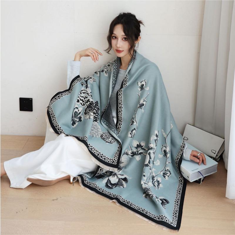 Autumn and Winter New Flowers Bloom and See Deer Jacquard Scarf Women's High-end Sense Versatile Imitation Cashmere Shawl Thickened Warm Scarf