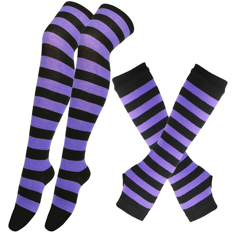 Y2K Women Girls Over Knee Long Stripe Printed Thigh High Cotton Socks Arm Sleeve Gloves 1 Set Overknee Socks Long Gloves 2024