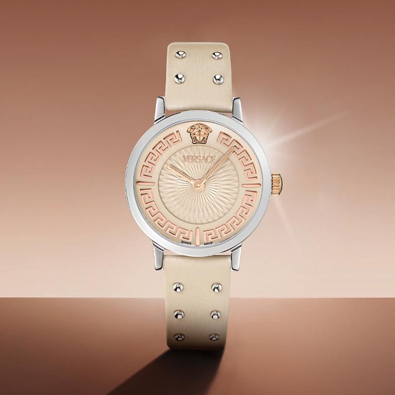 Versace Quartz Watch 35mm Beige Dial Leather Strap Gift Set With Perfume And Red Envelope Women Watches Pink VE0A00125