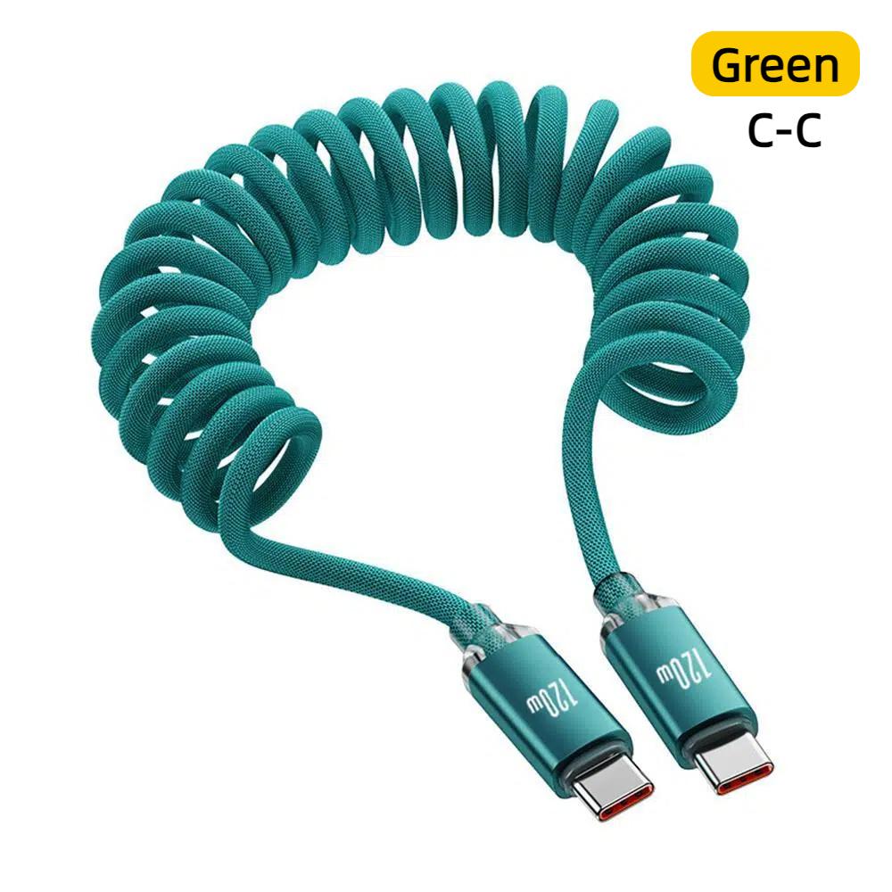 111W Car USB A to Type C Cable Spring Telescopic Fast Charging Cable USBC to C for iPhone 17 16 Samsung Xiaomi Huawei