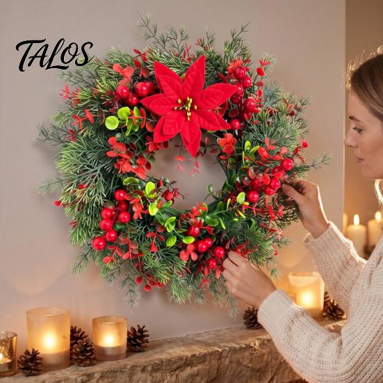 Natural Look Artificial Greenery Wreath Christmas with Red Berries Eucalyptus Pinecones, Front Door Winter for Hanging Garland Window Wall Fireplace,