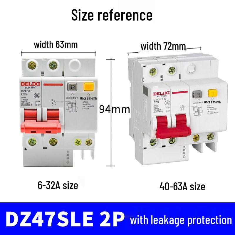 Delixi Type D DZ47SLE 220V 2P Miniature Circuit Breaker with Earth Leakage Protection.