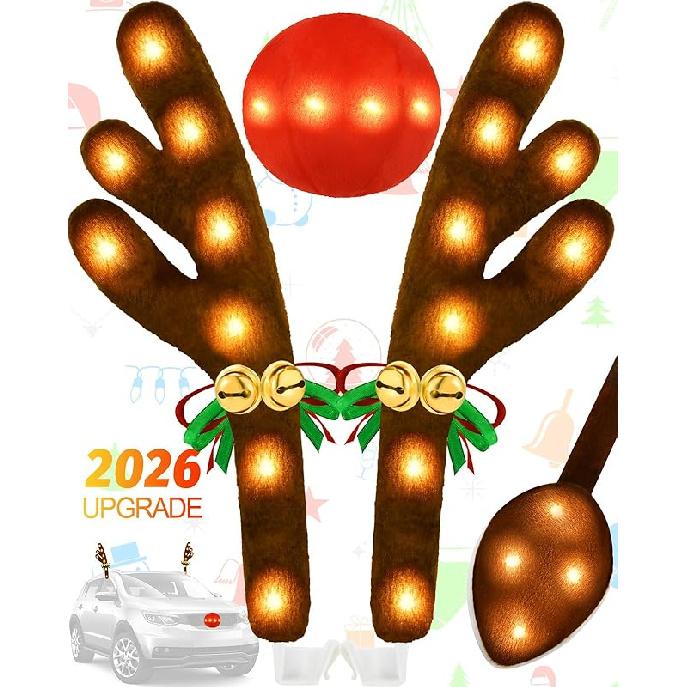 Christmas Reindeer Antlers Car Decoration Kit, IP44 Waterproof LED Lights Nose Vehicle With Jingle Bells Rudolph, Auto Holiday Accessories For SUV