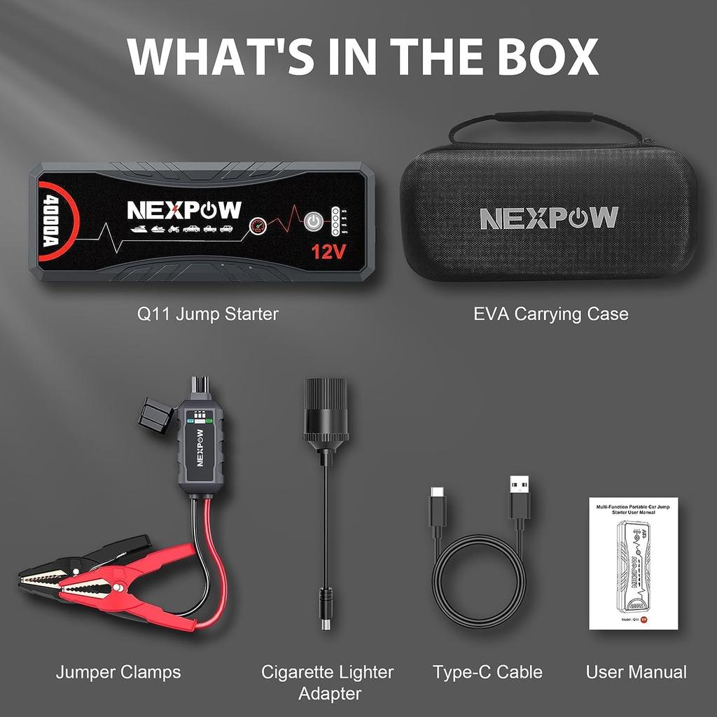 Car Jump Starter 4000A, Portable 12V Battery Booster for Gas & Diesel Engines up to 10.0L, with LED Light & USB QC3.0