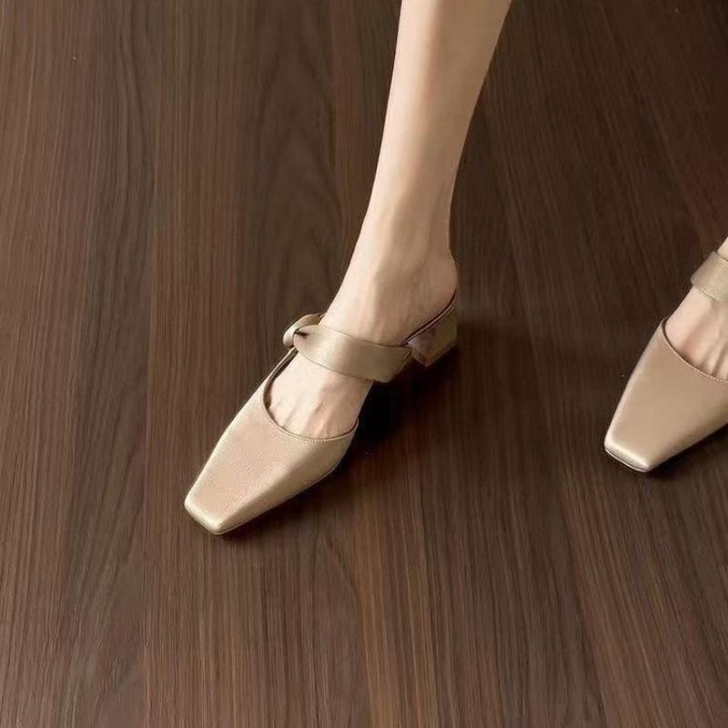 Fashion Fashion Baotou Block Heel Slippers Summer New Square Toe Shallow Cuff Foot Non-slip Wear-resistant Kitten Heel Shoes