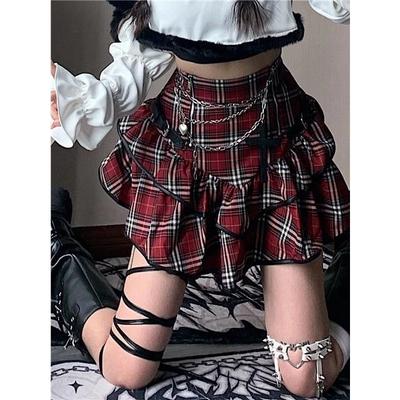 Punk Gothic Red Plaid Skirt Women Vintage Y2k E-girl Emo Alt High Waist Cake Skirt Harajuku Clubwear