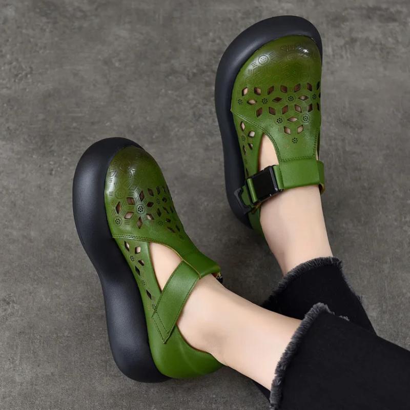 Johnature Genuine Leather Round Toe Thick Soled Women's Shoes Retro Versatile Breathable Hollow-out Platform Sandals