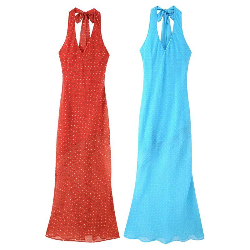 Summer New Product Women's Clothes French Sexy Wind V-neck Halter Lace up Slim Fit Backless High Waist Long Braces Dress