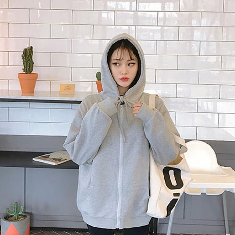 Damen Einfarbige Kapuzen-Reißverschluss-Sweatjacke - Lockere Passform, Mit Samt gefüttert, Frühling/Herbst Lässiger Sport-Cardigan.