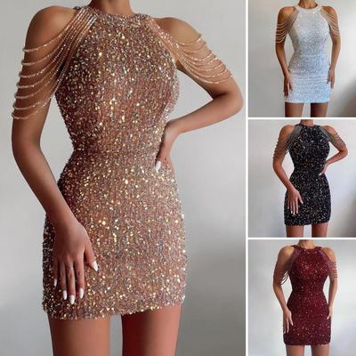 Ärmelloses Quasten-Schulter-Taillen-Enges Hüft-Wickelkleid-Kleid für Damen mit Pailletten-Dekor, Mini-Neckholder-Bleistiftkleid für Cocktailparty
