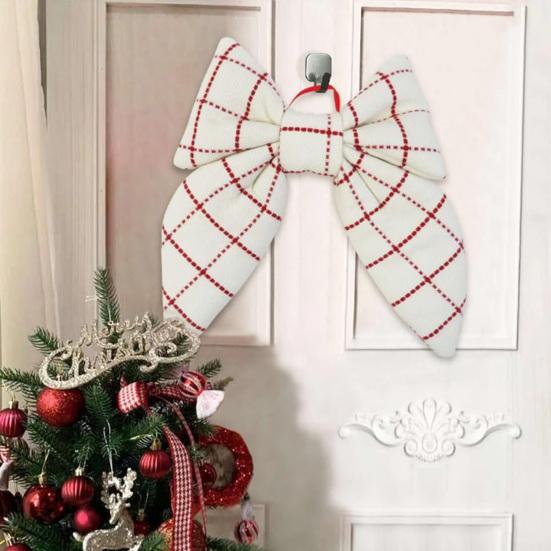 1/2Pcs Large Christmas Bow Decoration Red White Plaid Hanging Bow Ornament Indoor Outdoor Xmas Holiday Party Fabric Bow Wreath Decor