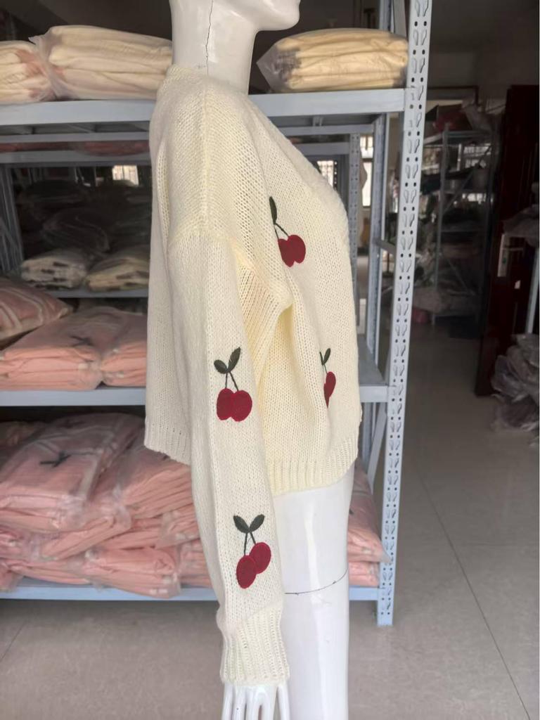 Cherry Embroidered No-Button Knit Cardigan - Autumn/Winter Loose Casual Women's Outerwear