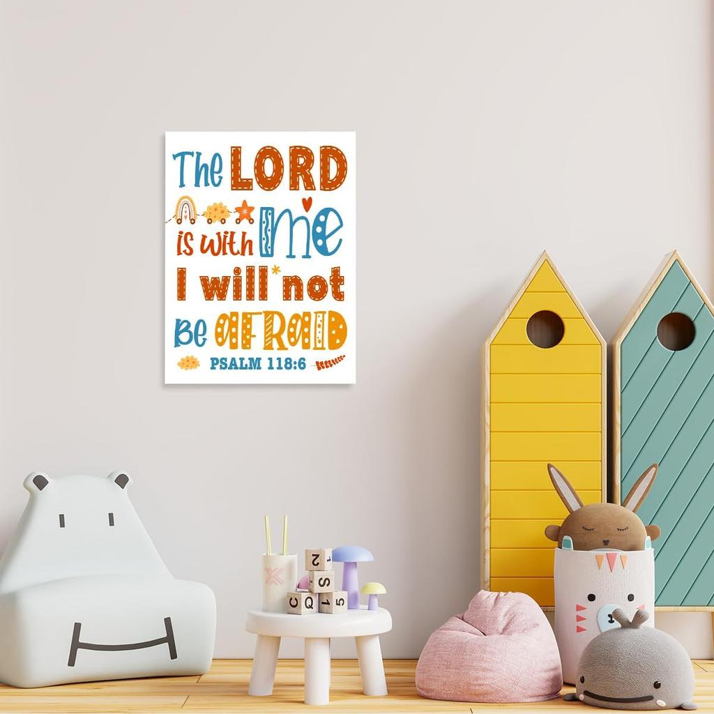 Christian Scripture Wall Art For Kids,The Lord Is With Me Psalm 118:6 pirational Bible Verse Canvas Framed Paintings Posters For Nursery Sunday