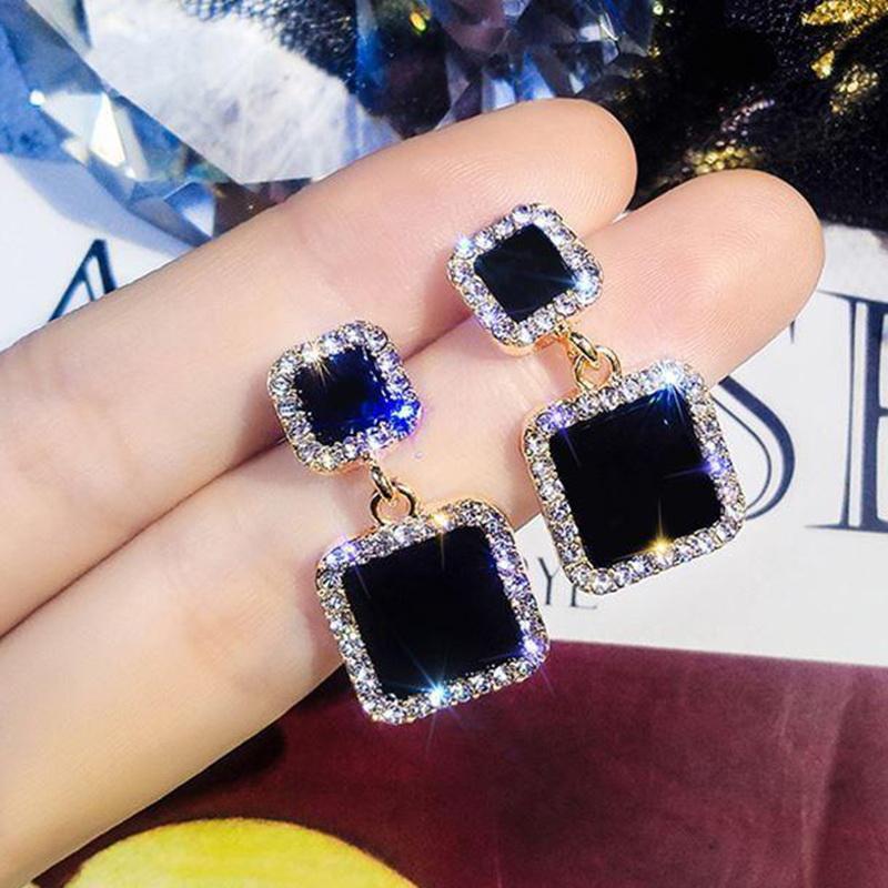 Korean New Black Round Rhinestone Drop Earrings for Women Shining Zircon Geometric Dangle Earring Female Temperament Jewelry