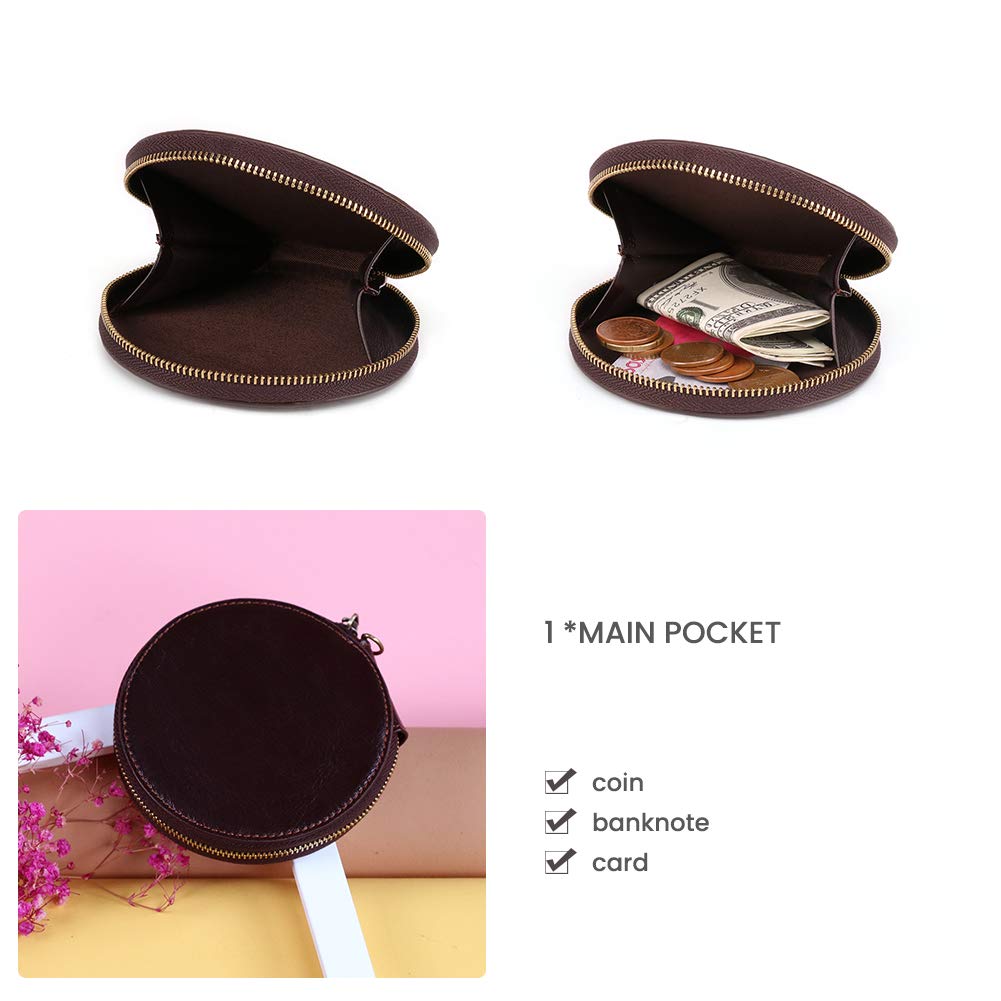 Women's Coin Purse, Genuine Leather Coin Purse, Round, Compact, Small Item Storage, Jewelry Bag (K058 Coffe)