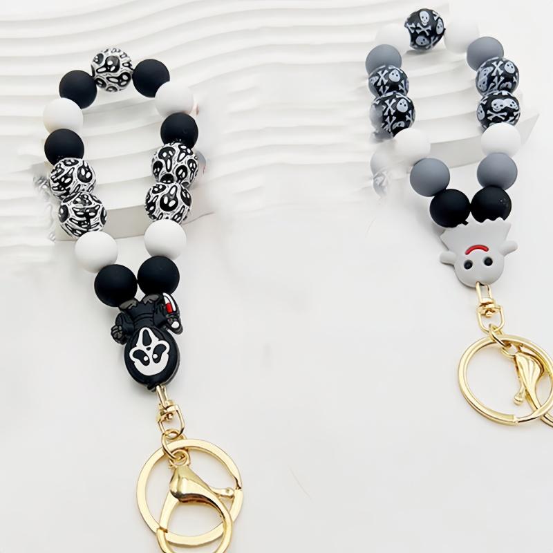 1PC Halloween keychain, cute black bat pumpkin charm bead keychain wristband, Halloween gift