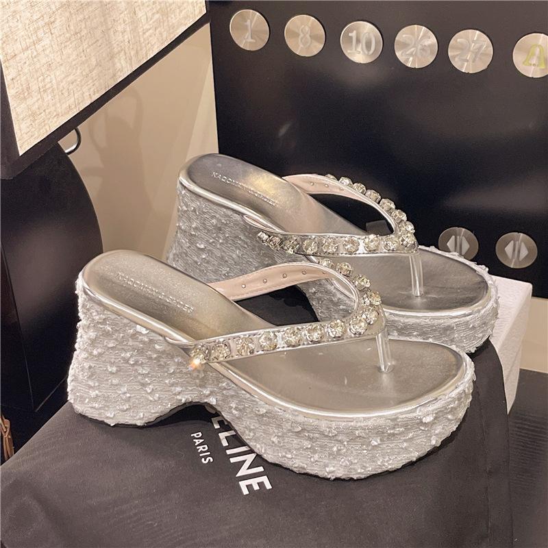 Small Man Heightening Super High Heels Rhinestone Flash Sequins Women's Summer Slope Heel Transparent Muffin Bottom Thick Bottom Cool Slippers