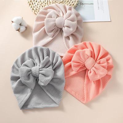 Double Layer Bow Knit Baby Hat - European/American Style, Waffle Pullover Design, Suitable for Newborns, Lightweight for Summer
