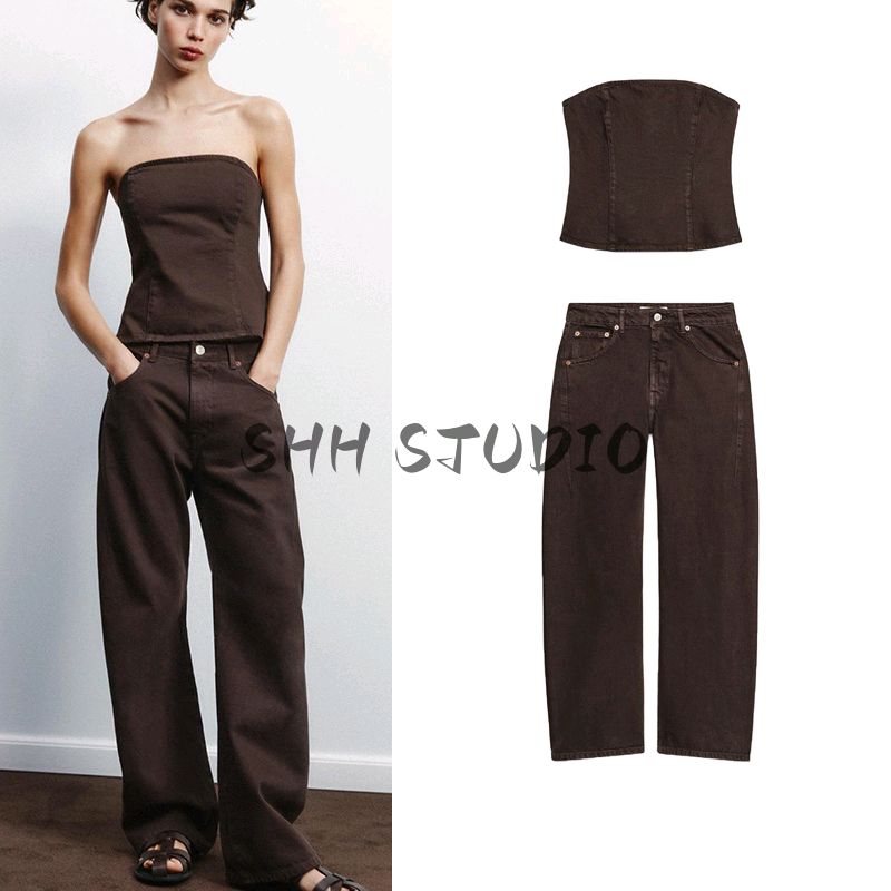 Denim Cotton Strapless Chest Wrap Top 0103060 Mid Waist Strap Decoration Width Jeans 0103011