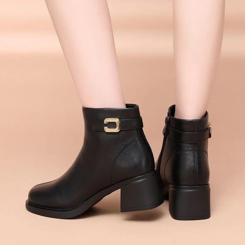 Thick-heeled Short Boots Ladies's PU Autumn and Winter Fashion Soft-soled Mid-heel Short-tube Single Boots Cotton Boots