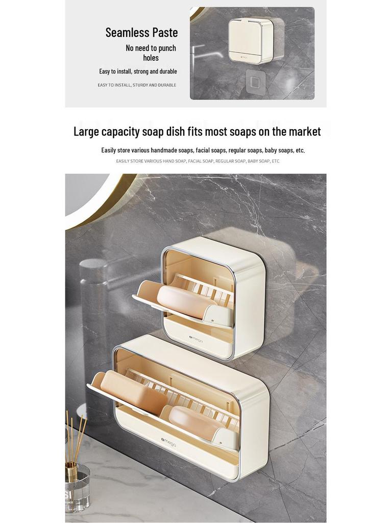 Punch-Free Wall-Mounted Soap Dish with Lid and Drainage