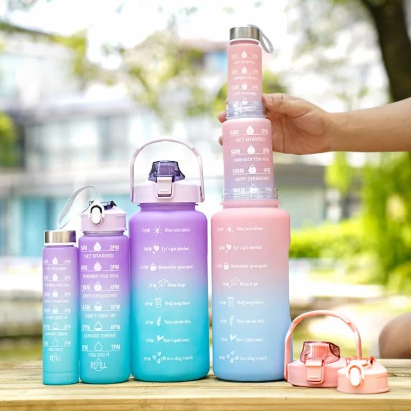 2L with Time Graduated Space Cup Gradient Water Cup High Capacity 3-Piece Set Portable Plastic Cups Outdoor Travel Gym Bottles