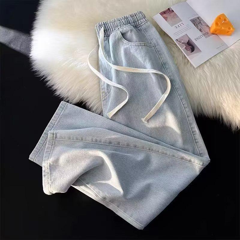 Women's Light Blue Elastic Waist Drawstring Jeans - Slim, Loose, Straight, Wide-Leg Casual Pants for Spring & Autumn