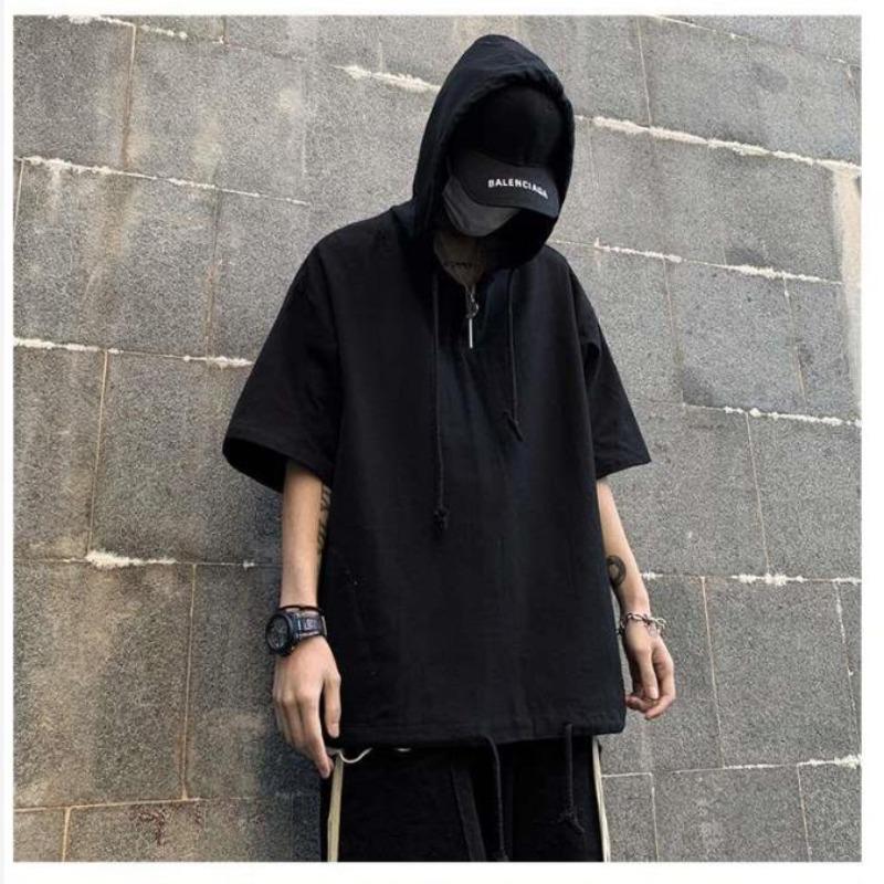 Camiseta de manga corta de verano para hombre, suéter con capucha de media manga, sudadera con capucha sólida para estudiantes para hombre