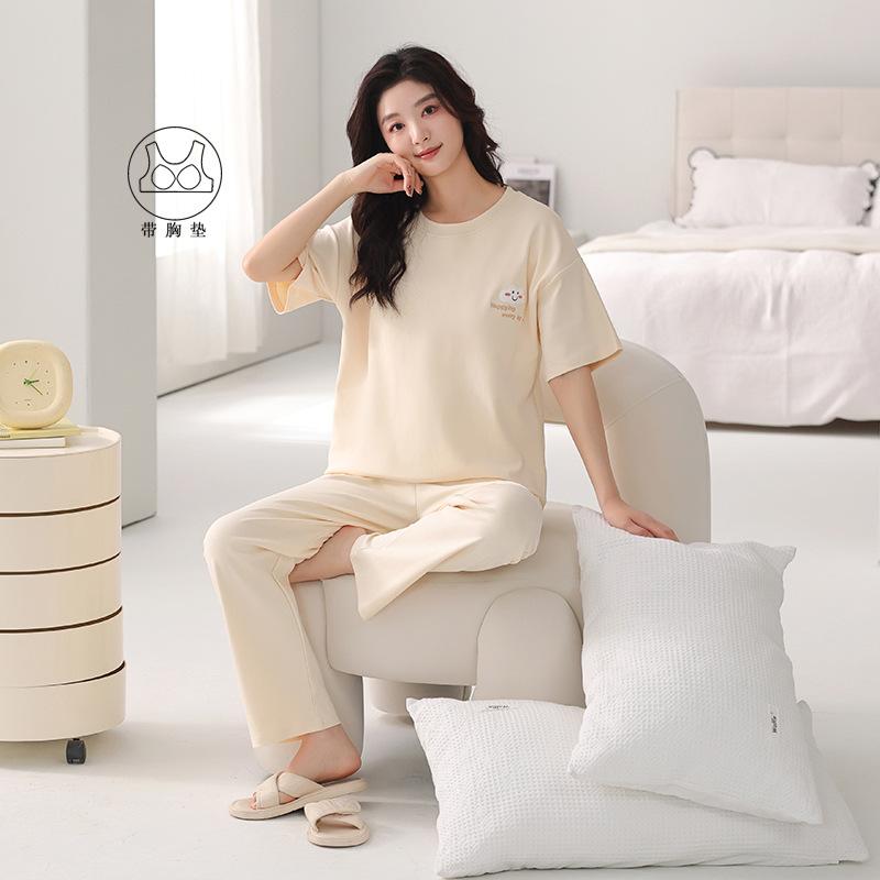 Pajamas women's summer pure cotton 1011 new models with chest pads, short sleeves, shorts, simple pullover, can be worn outside, loungewear set