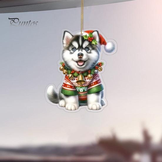 Ciondolo per auto a forma di cane con fiore in acrilico, 8 cm, facile da appendere, con corda, doppia faccia, visuali digitali 2D, decorazione da appendere per una visione realistica dell'albero di Natale dell'auto.