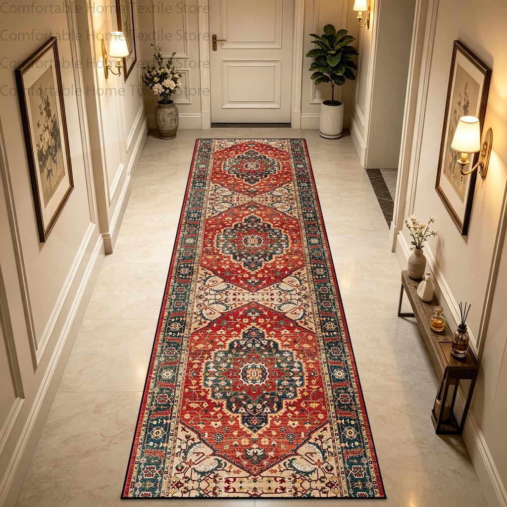 European American Style Retro Light Luxury Long Corridor Carpet Non-slip Soft Rug Runner Washable Easy Clean Living Room Mat