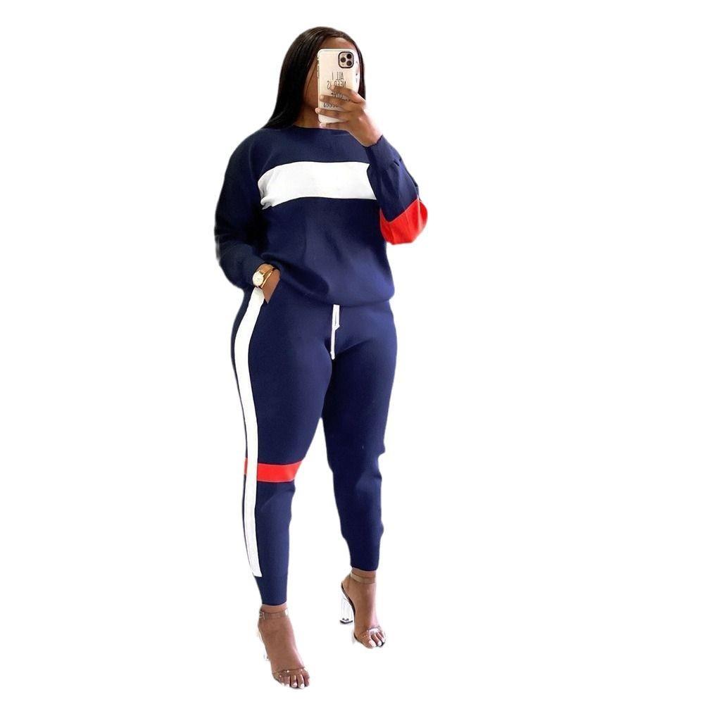 S191181 European and American Women's Clothing Summer Splicing Striped Casual Sports Short-sleeved Trousers Hot-selling Set