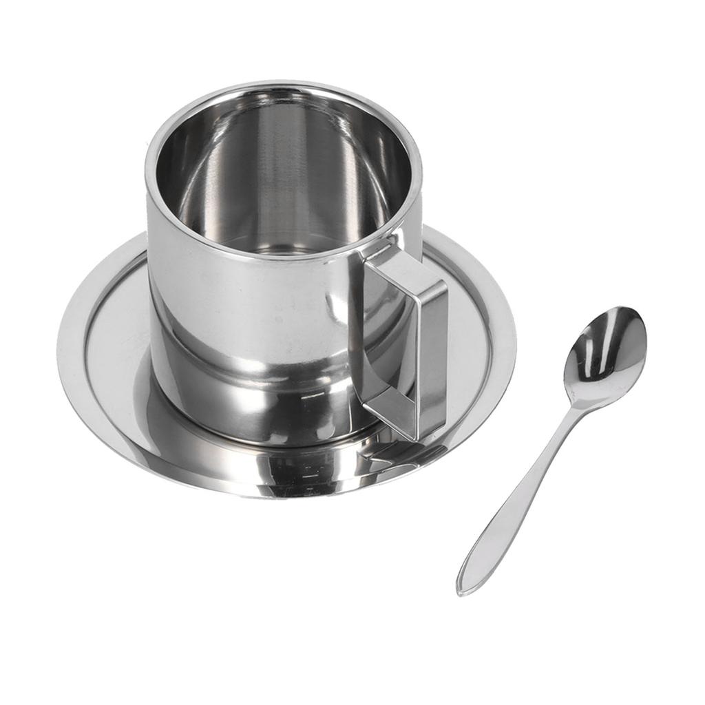 Insulated Coffee Cup with Saucer Spoon Set Stainless Steel Double Walled Mugs Milk Tea Cup for Kitchens Hotels Coffee Shops