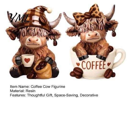 Rustic Farmhouse Kitchen Ornament 2Pcs Coffee Cow Figurine, Cute Resin Animal Statue for Home Desk Handmade Shop Decor Decor, Cafe Style Tabletop
