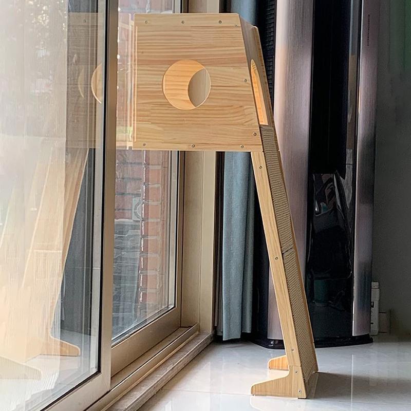 High Solid Wood Cat Scratching Post Glass Bounce House Lair Wall Cats Tree Pulls Scratches Large Tower Bed for Cat Indoor Toy