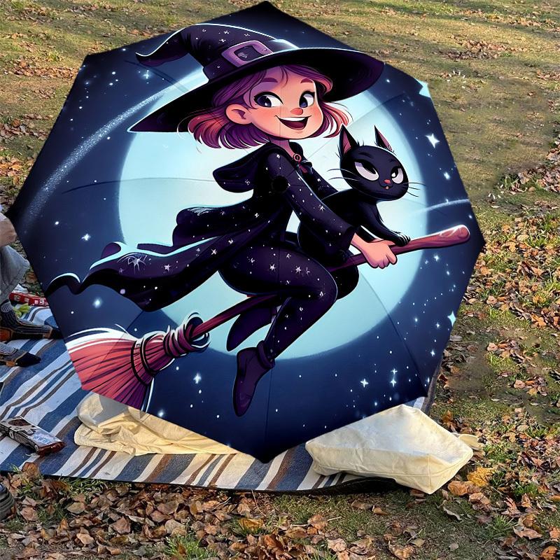 1PC Witch broomstickAutomatic Open/Close Umbrella with Windproof, 8-Rib Sturdy Canopy, Durable Ribs, Fashionable Design, Outdoor Accessory, Fun Prin,
