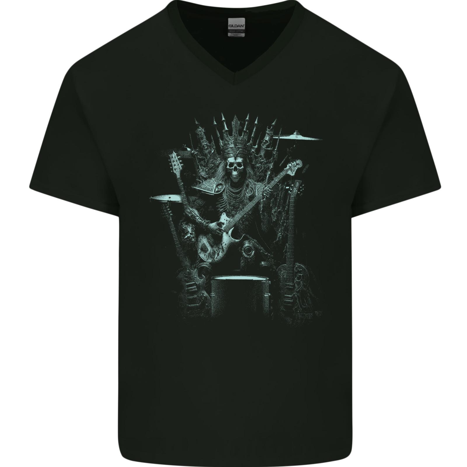 Heavy Metal Throne Skull Rock Music Guitar Mens VNeck Cotton T-shirt L