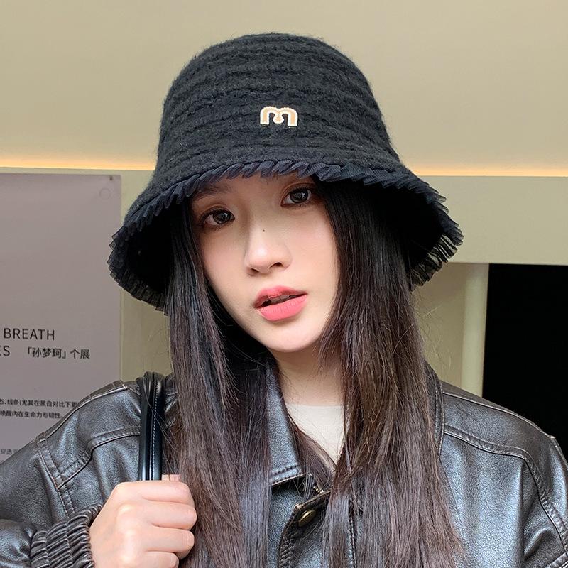 Lace thickened Fisherman's Hat for Autumn and Winter Hat for Women's Casual Big Head Surround Windproof Korean Versatile Warm Hat
