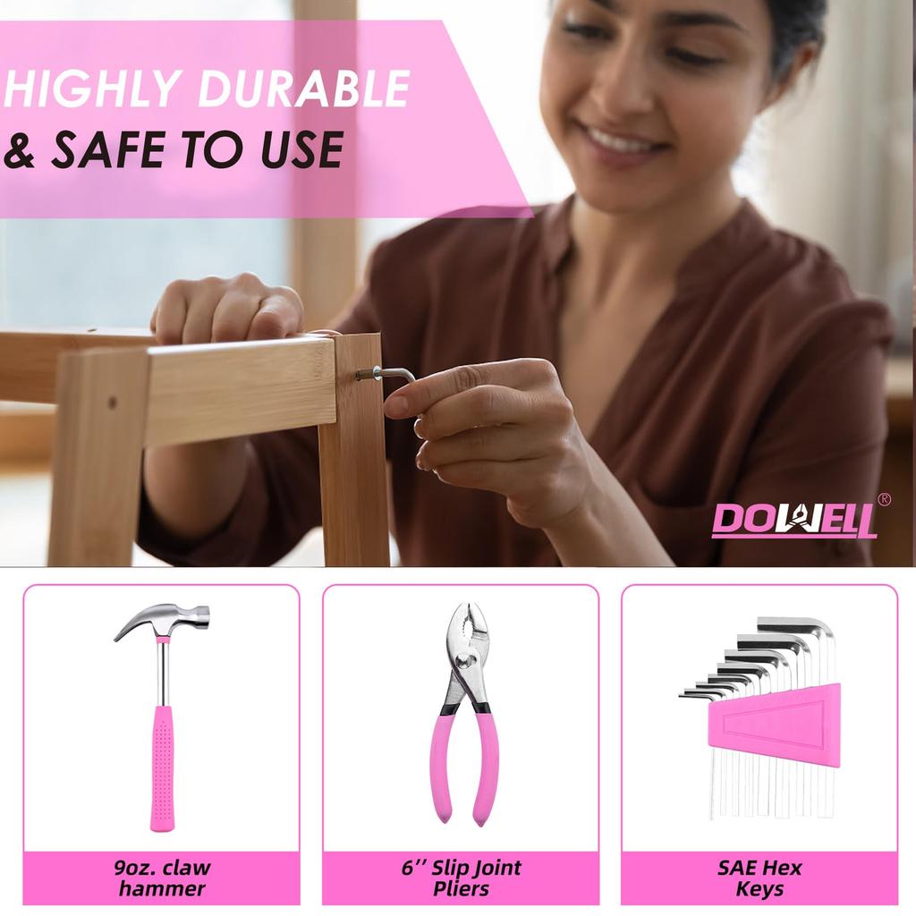 DOWELL Home Tool Set with Plastic Storage General Household Hand Tool Mini Repair Tool Kit for College and Home Use 40-Piece (Pink), Box, Kit, Women,