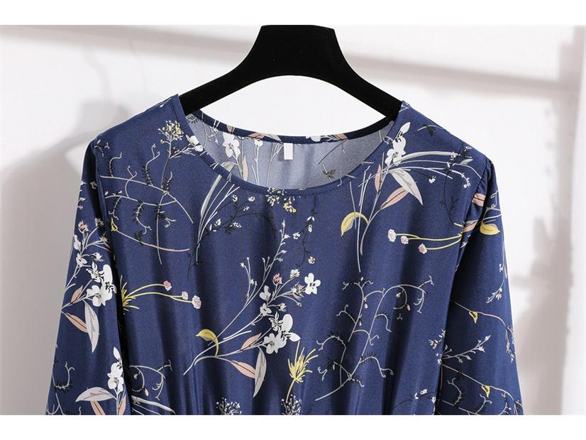 Women's Spring High-Waist Retro Floral Chiffon Maxi Dress with Long Sleeves and Round Neck
