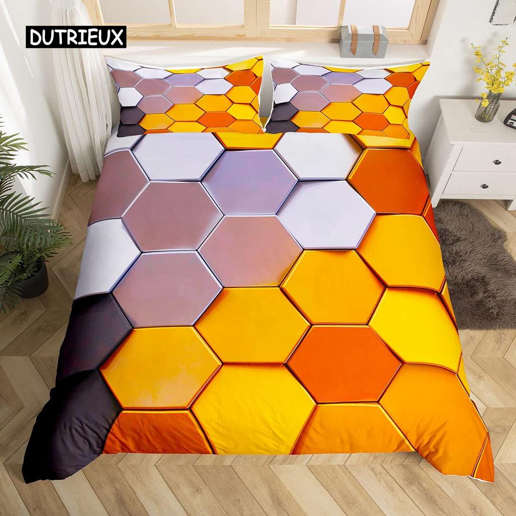 Honeycomb Duvet Cover Set Queen Size Geometry Hexagon Theme with Pink Blue Neon Lights Chic Comforter Cover for Boys Teen Man