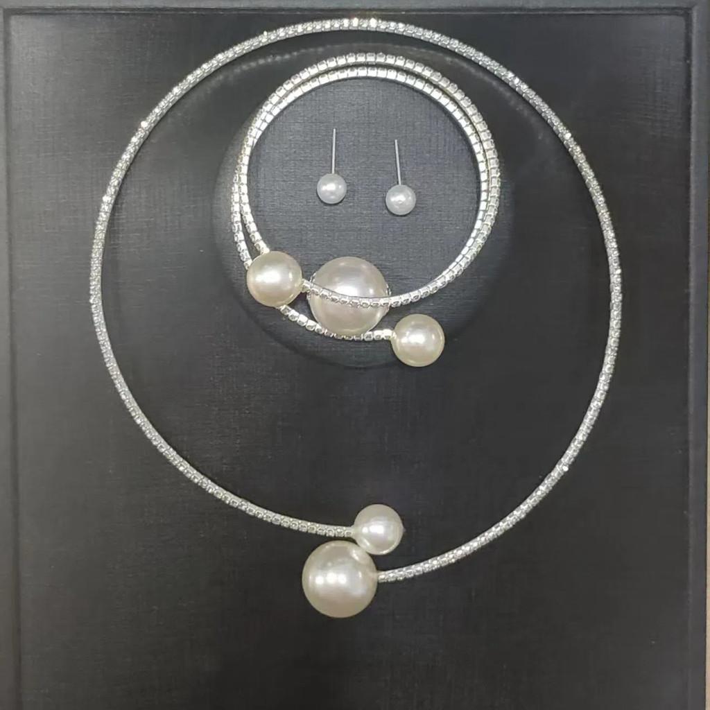 Artificial Pearl Jewelry Set With Diamondaccented Necklace Earrings And Bracelet For Women