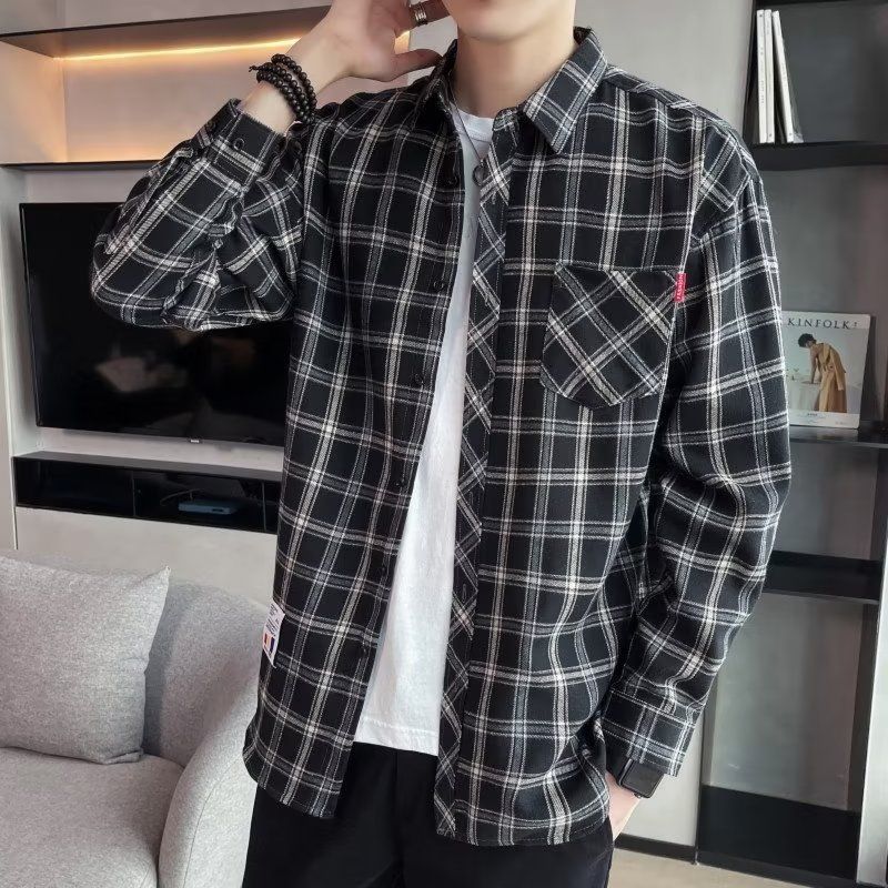 Męska koszula flanelowa w kratę z krótkim rękawem - Europejski i Amerykański styl casual