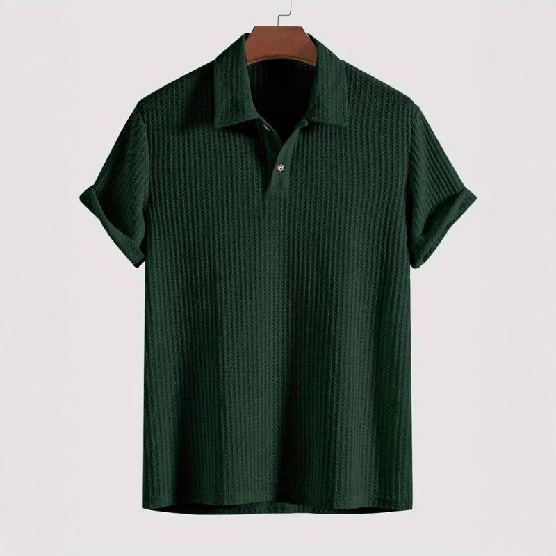 Men's White Waffle Knit Polo Shirt Short Sleeve Button Down Collar Casual Business Top