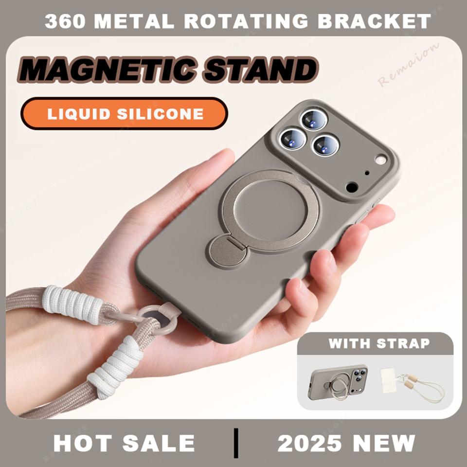 Magnetic Liquid Silicone Stand Phone Case For For Iphone 17 Air 13 14 1 16 17 Pro Max Plus 360 Charge Strap Protector Cover